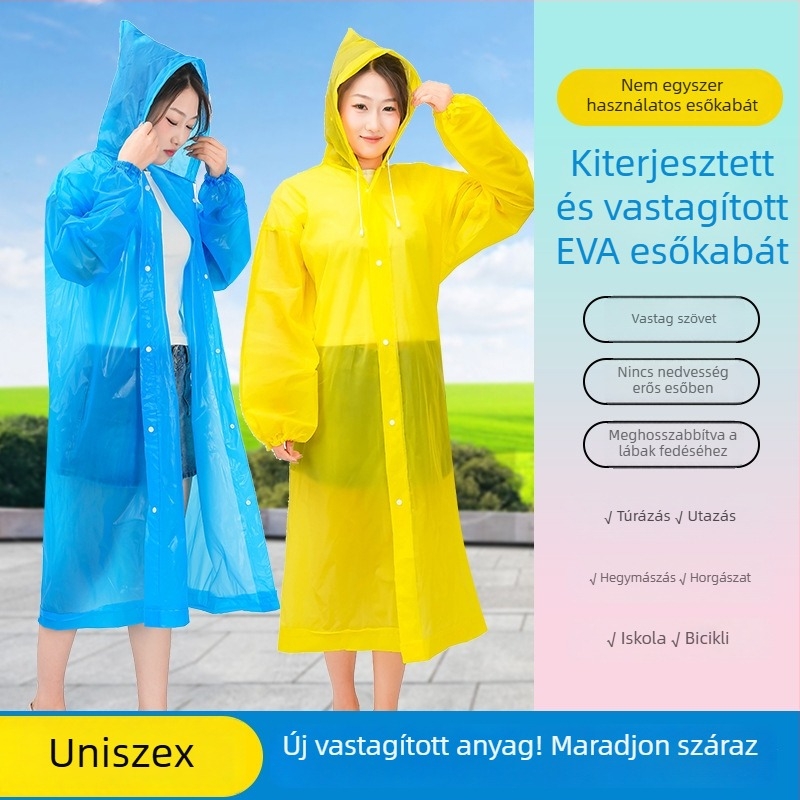 Felnőtteknek szóló EVA esőkabát, egy darabból, vastag, hosszú kivitel, túra poncsó