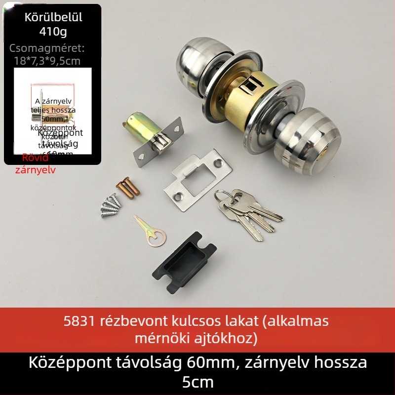Gömbzár ajtózár, rozsdamentes acélból, modell 5831, általános célú belső faajtókhoz