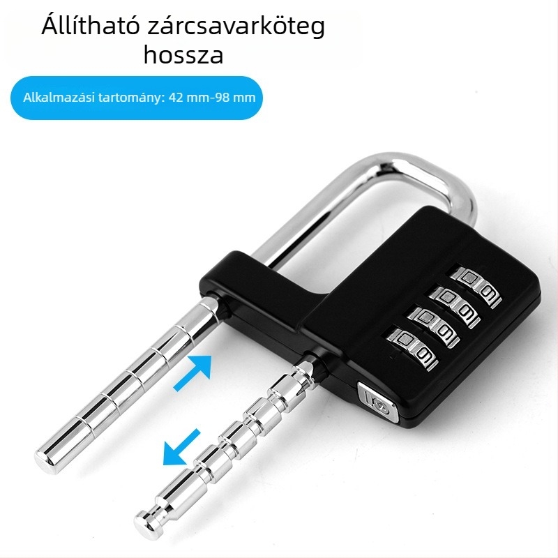 Jelszavas zár gimnasztikai szekrényekhez, kihúzható hosszú sínnel; modell NF-6310; anyag: cinkötvözet; záró rúdszélesség: 7; rúd közti távolság: 20.