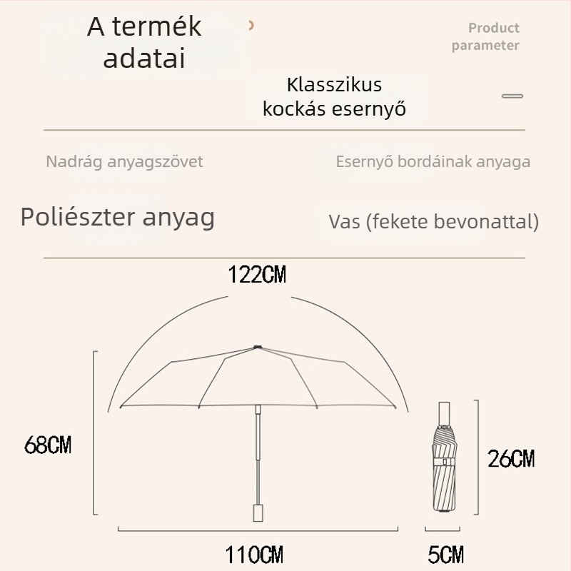 Felnőtteknek szóló kockás mintázatú esernyő, 8 vas bordázattal, kézi nyitás, logónyomás elérhető, UPF >50, brit stílus
