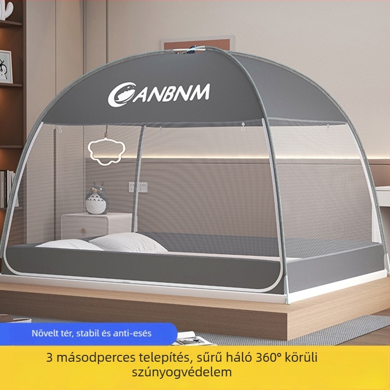 Ágyhoz való szúnyogháló, mongol jurta stílus, telepítés nélkül, összecsukható, dupla ajtó, üvegszálas kivitel