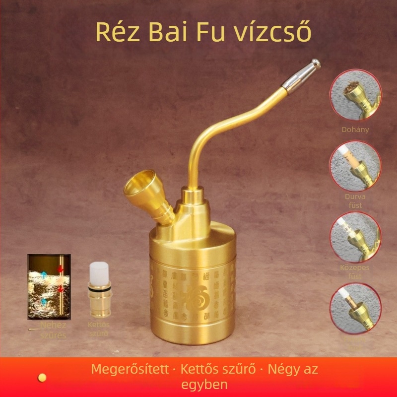 Réz testű vízipipa füstöléshez, vízszűrővel, négy az egyben, Száz Áldás motívummal, modern minimalist stílus