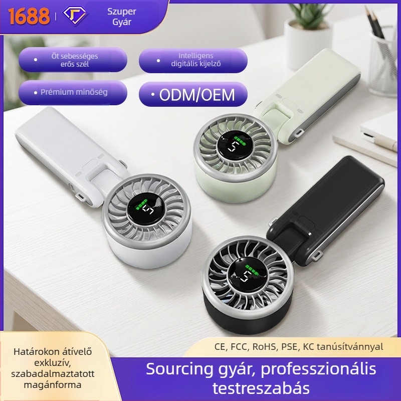 USB kézben tartható mini ventilátor beépített akkumulátorral, 5 lapát, brushless motor, 5 sebességfokozat, 6–8 órás üzemidő.