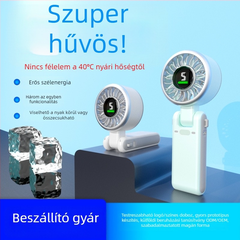 USB kézben tartható mini ventilátor beépített akkumulátorral, 5 lapát, brushless motor, 5 sebességfokozat, 6–8 órás üzemidő.