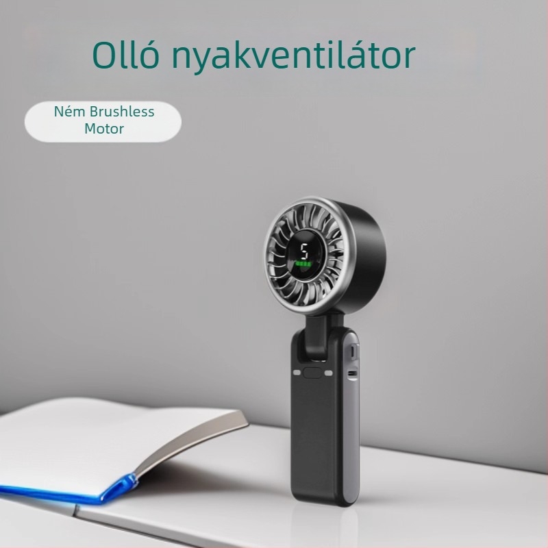 USB kézben tartható mini ventilátor beépített akkumulátorral, 5 lapát, brushless motor, 5 sebességfokozat, 6–8 órás üzemidő.