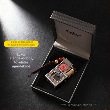 Fém kerozin öngyújtó kapucsos, oldalsó csúszó gyújtással – hordozható, gyűjteményes, logó nyomtatás