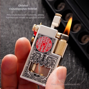 Fém kerozin öngyújtó kapucsos, oldalsó csúszó gyújtással – hordozható, gyűjteményes, logó nyomtatás