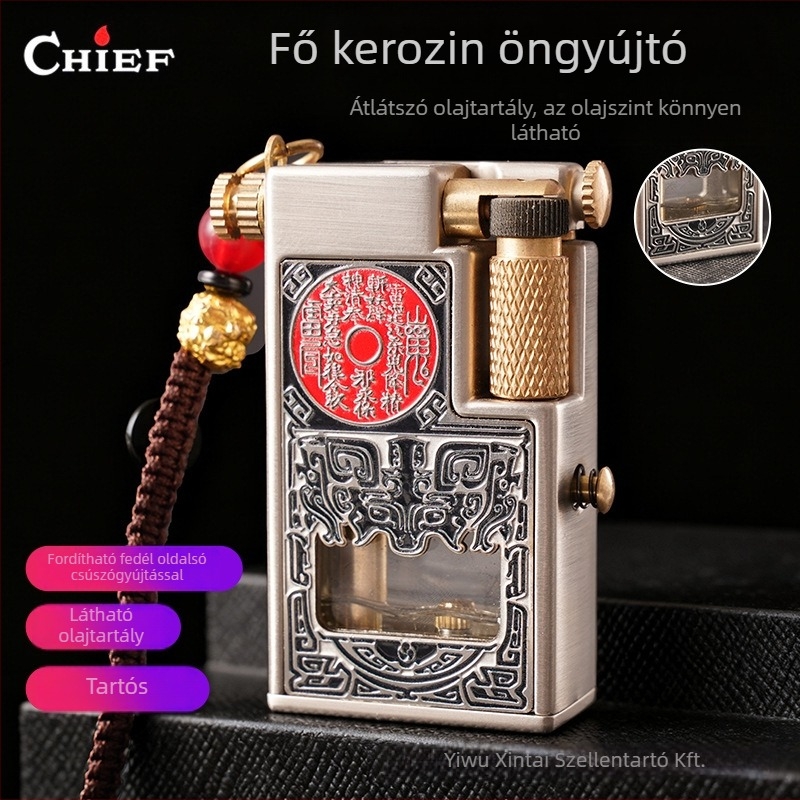 Fém kerozin öngyújtó kapucsos, oldalsó csúszó gyújtással – hordozható, gyűjteményes, logó nyomtatás
