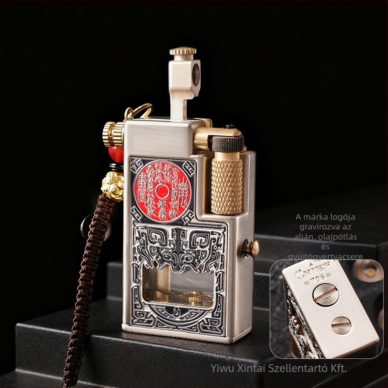 Fém kerozin öngyújtó kapucsos, oldalsó csúszó gyújtással – hordozható, gyűjteményes, logó nyomtatás