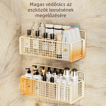 Falihoz rögzíthető tároló polc akasztós kosárral, fúrás nélkül, 1 szint, sütőben kiégetett felületű bevonat, modern egyszerű stílus