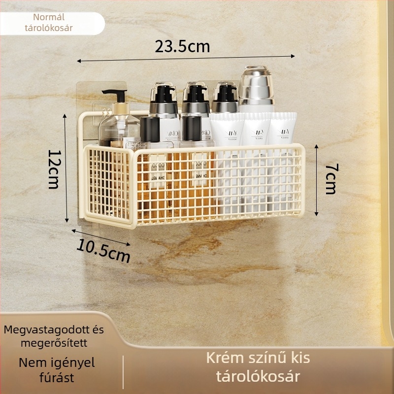 Falihoz rögzíthető tároló polc akasztós kosárral, fúrás nélkül, 1 szint, sütőben kiégetett felületű bevonat, modern egyszerű stílus