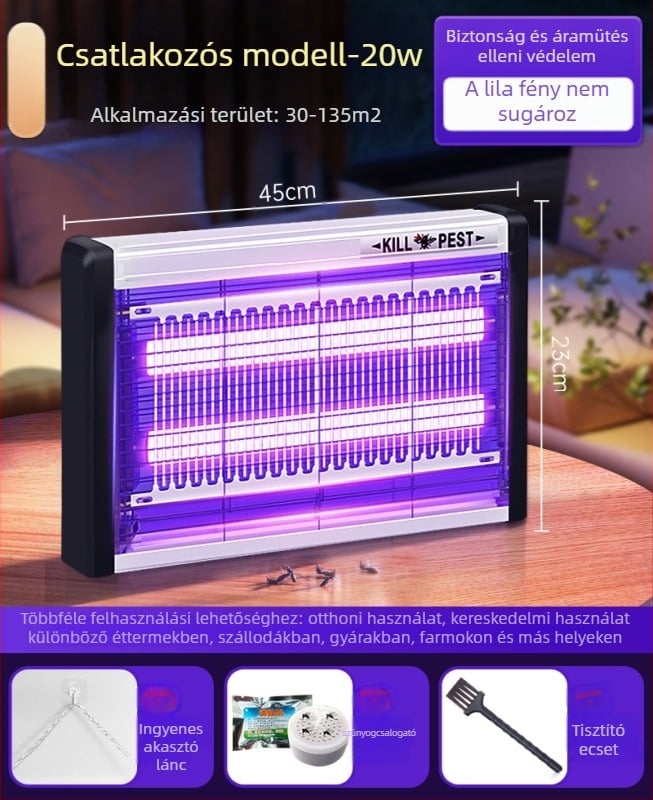 Fali LED szúnyogriasztó lámpa, fényhullámmal vonzza a szúnyogokat és elektromos ölő mechanizmus, alumínium háló, 61 m² felett, 2 éves garancia
