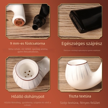 Pipa kerámia és gyanta, 9 mm belső átmérő, retro görbült dizájn, levehető tisztító rendszerrel