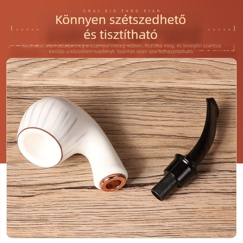 Pipa kerámia és gyanta, 9 mm belső átmérő, retro görbült dizájn, levehető tisztító rendszerrel