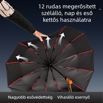 Összecsukható esernyő fa fogantyúval, 24 bordával, automatikus nyitás és zárás, logó testreszabható, UV védelem UPF50+