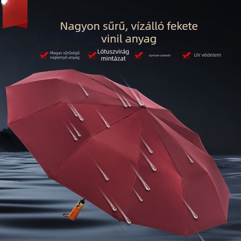 Összecsukható esernyő fa fogantyúval, 24 bordával, automatikus nyitás és zárás, logó testreszabható, UV védelem UPF50+