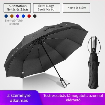 Automatikus 10 bordás összecsukható esernyő, háromrészes, szélálló, logóval