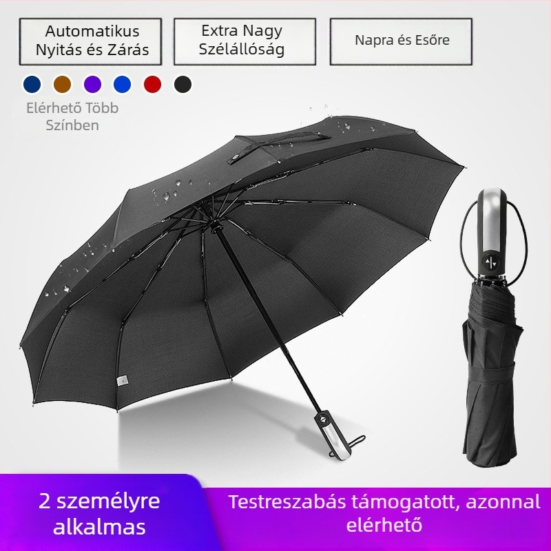 Automatikus 10 bordás összecsukható esernyő, háromrészes, szélálló, logóval