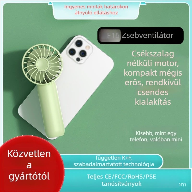 Zsebbe méretű kézi ventilátor USB töltéssel, brushless motor, 3 lapát, 3 fokozat, beépített 1200–2000mAh akkumulátor
