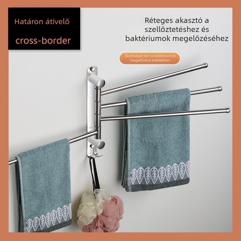 Rozsdamentes acél törölközőtartó, forgó, fúrás nélkül, többfunkciós, összecsukható tároló, teherbírás 10 kg