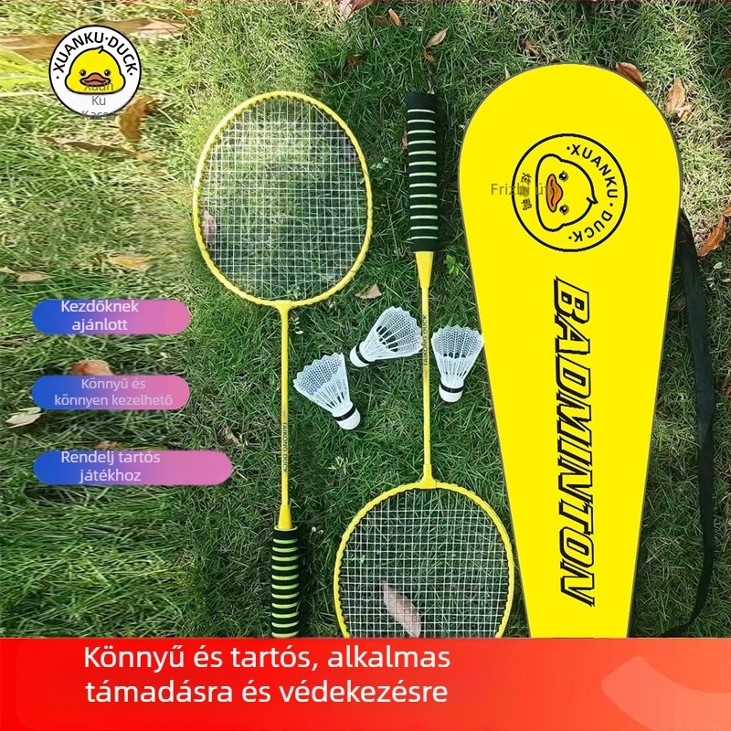 Badminton ütő vas ötvözet kerettel, tömeg 95–100 g, nylon húzás, egyenes nyél, fogás G1