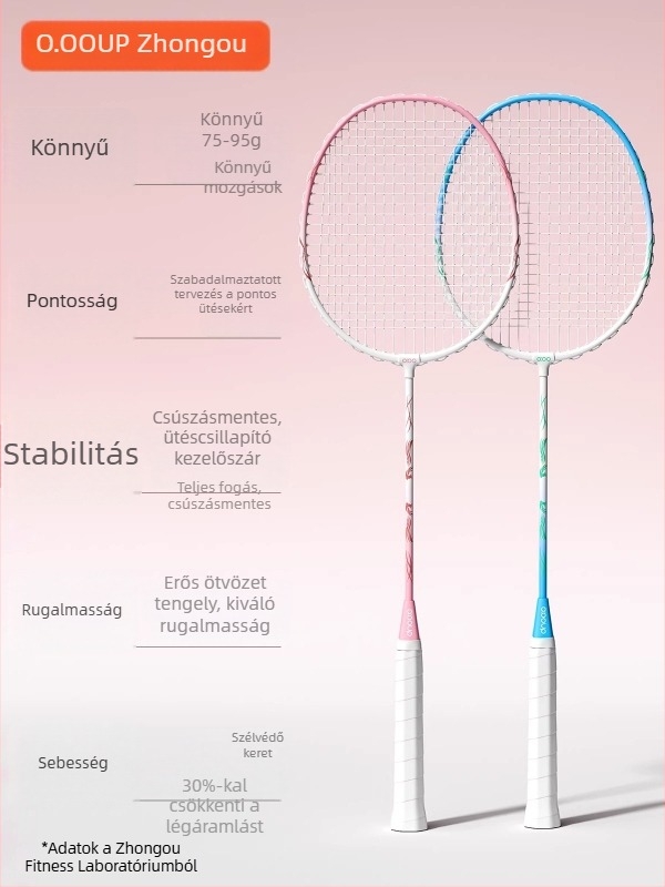 Badminton ütő készlet, vasötvözet váz, nejlon húrok, súly 95–100 g, nyelet G5, típus: egyenes