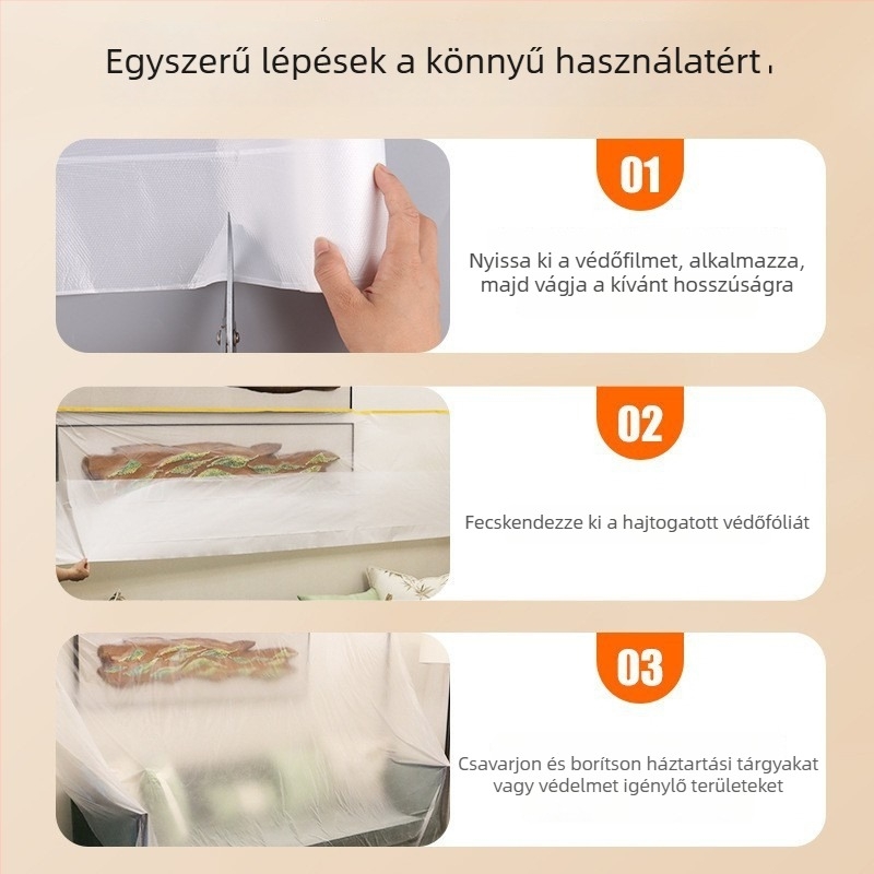 Bútorok porvédő fólia – Dustproof film sorozat, anyag: PE fólia + washi szalag, vastagság 60–70 μm, japán papír alap, vízbázisú ragasztó, áteresztés 80%