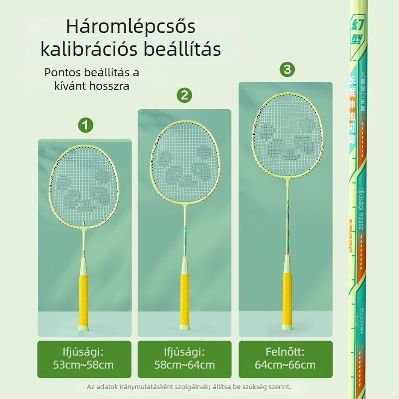 Badminton ütő teleszkópos állítással és megosztott kivitelben, keret vasötvözetből, hossz 665 mm, magas rugalmasságú tollszálak