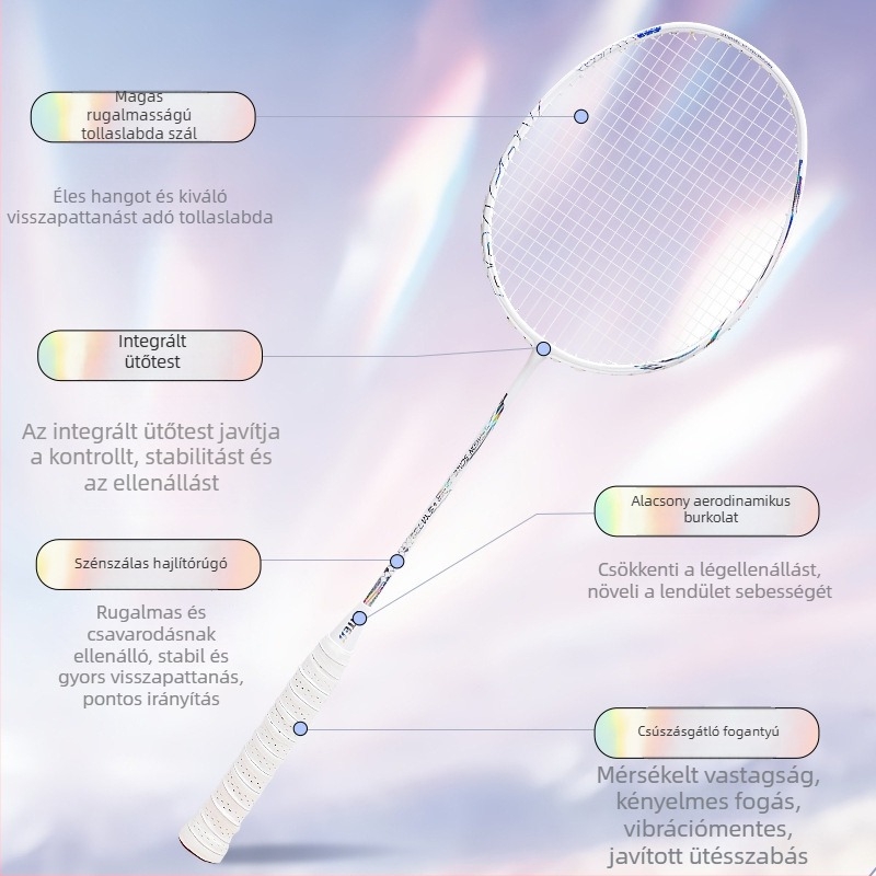 Badminton ütő nőknek és férfiaknak, karbon szálas váz, tömeg 80–84 g, markolat vastagsága G4, közvetlen ütés, nylon húrok