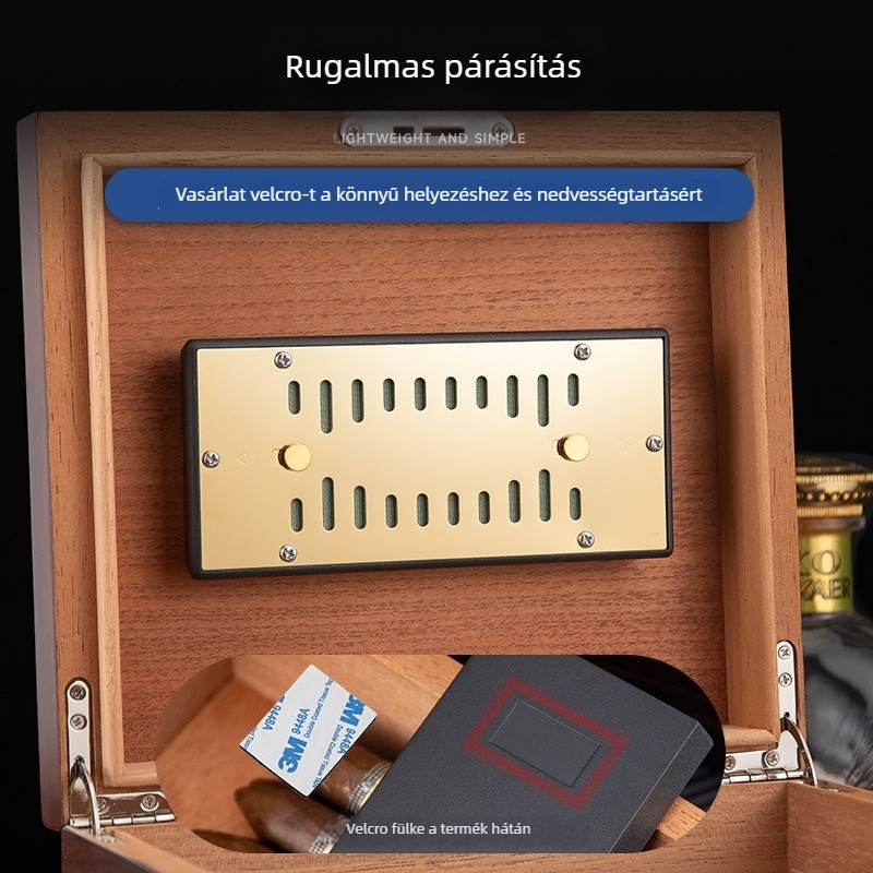 Szivar- és tea nedvesítő, téglalap alakú doboz fém fedéllel és kapcsolóval; anyag: műanyag + rozsdamentes acél