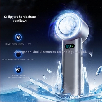 Kézibes ventilátor kültéri használatra jégfedő hűtéssel, USB újratölthető, összecsukható függő kialakítás, 100 sebességfokozat, beépített 4000–6000 mAh akkumulátor
