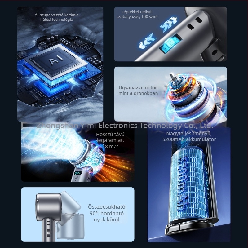 Kézibes ventilátor kültéri használatra jégfedő hűtéssel, USB újratölthető, összecsukható függő kialakítás, 100 sebességfokozat, beépített 4000–6000 mAh akkumulátor