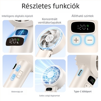 Kézi ventilátor, 120 sebességfokozat, brushless motor, beépített 1200–2000 mAh akkumulátor, USB tápegység