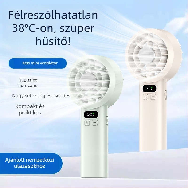 Kézi ventilátor, 120 sebességfokozat, brushless motor, beépített 1200–2000 mAh akkumulátor, USB tápegység