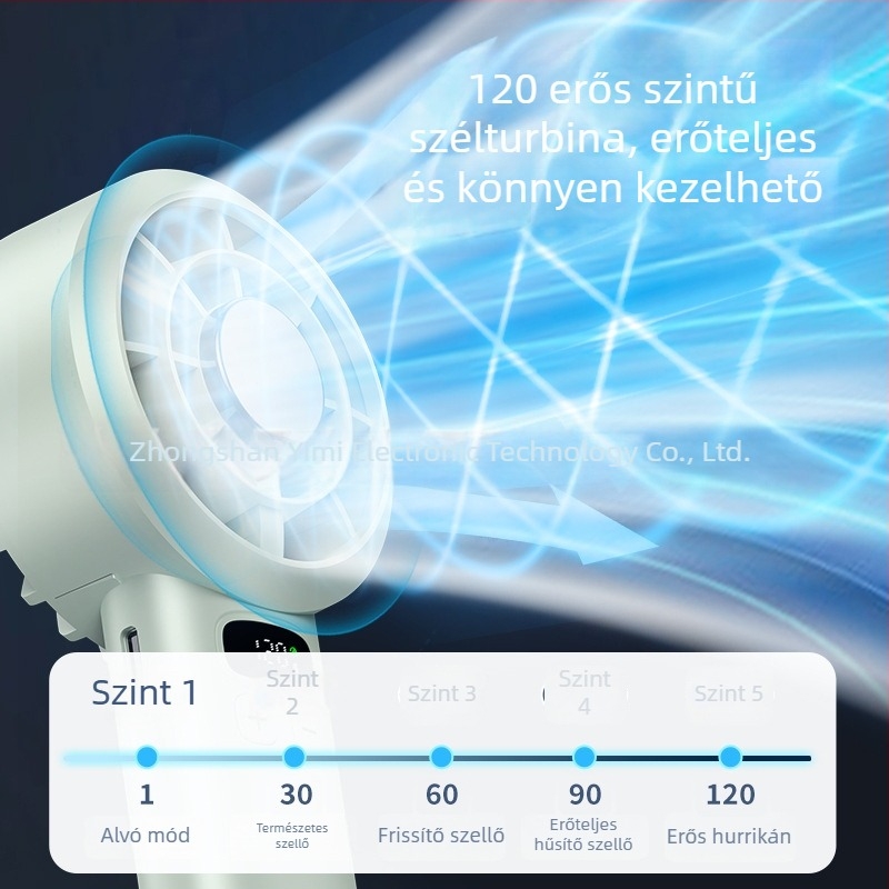 Kézi ventilátor, 120 sebességfokozat, brushless motor, beépített 1200–2000 mAh akkumulátor, USB tápegység