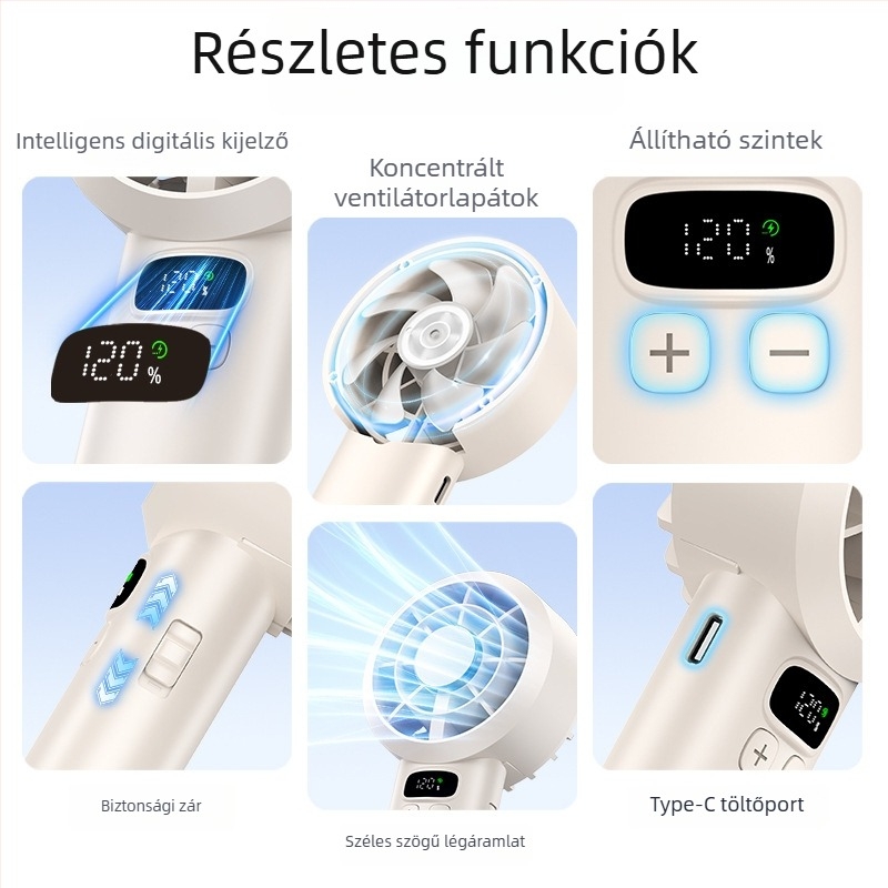 Kézi ventilátor, 120 sebességfokozat, brushless motor, beépített 1200–2000 mAh akkumulátor, USB tápegység