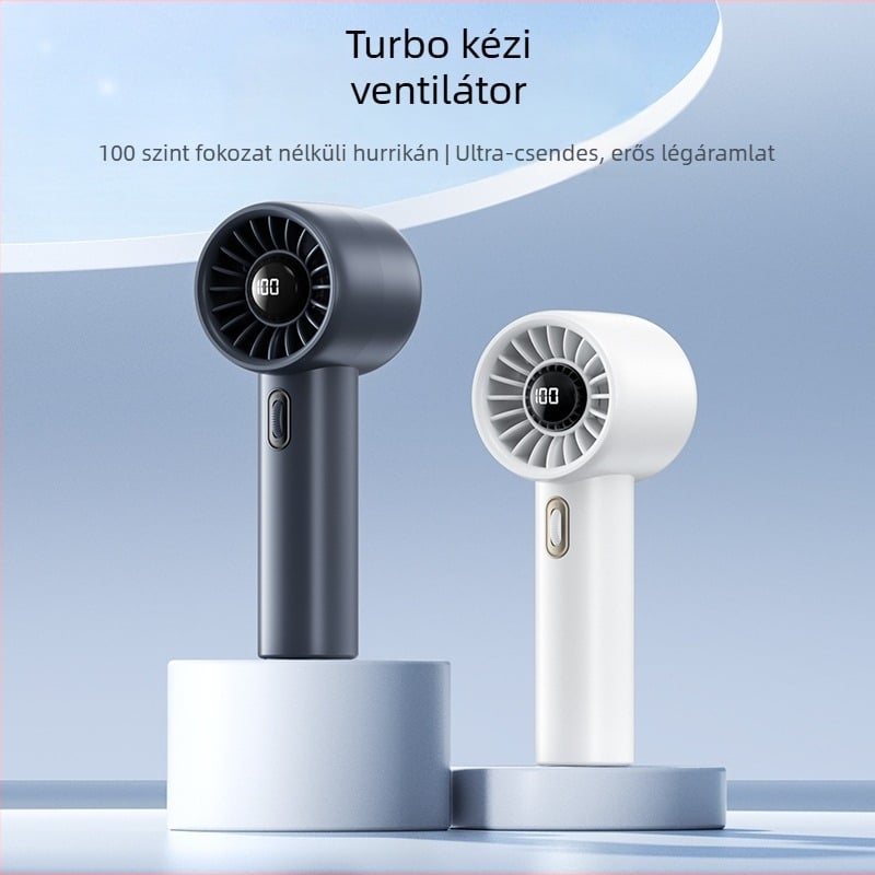 Kézben tartható ventilátor digitális kijelzővel, 100 lépésmentes sebességszabályozás, beépített akkumulátor és brushless motor