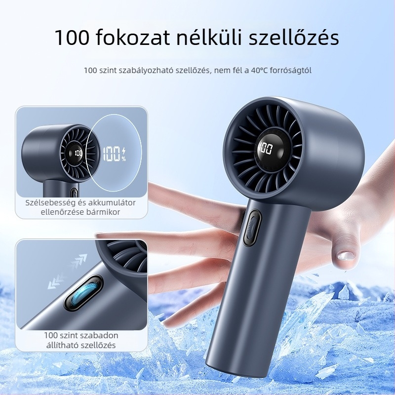 Kézben tartható ventilátor digitális kijelzővel, 100 lépésmentes sebességszabályozás, beépített akkumulátor és brushless motor