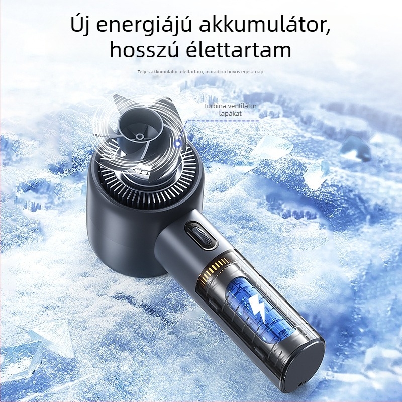 Kézben tartható ventilátor digitális kijelzővel, 100 lépésmentes sebességszabályozás, beépített akkumulátor és brushless motor