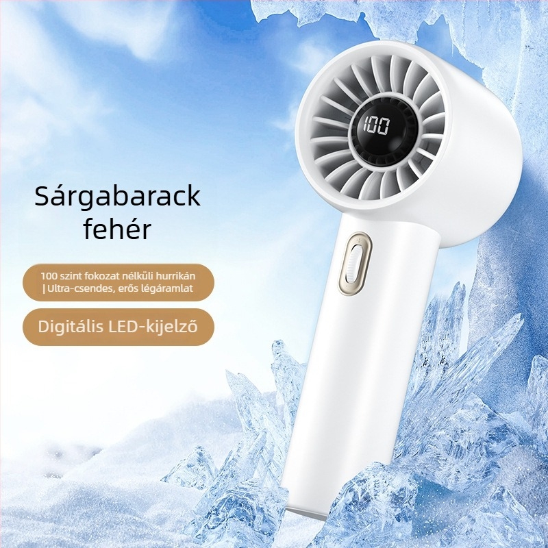 Kézben tartható ventilátor digitális kijelzővel, 100 lépésmentes sebességszabályozás, beépített akkumulátor és brushless motor