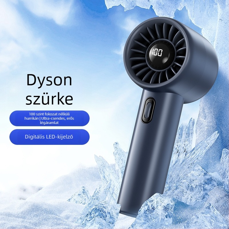 Kézben tartható ventilátor digitális kijelzővel, 100 lépésmentes sebességszabályozás, beépített akkumulátor és brushless motor