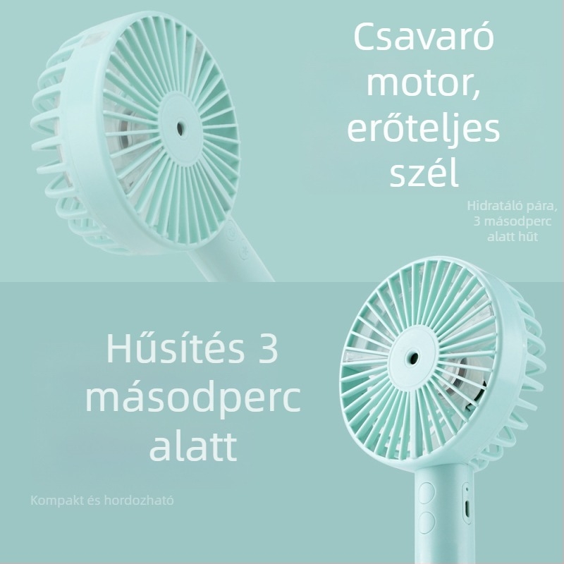 Kézben tartható USB-s ködösítő ventilátor – 3 sebesség, brushless motor, cserélhető 1000–1200mAh akkumulátor