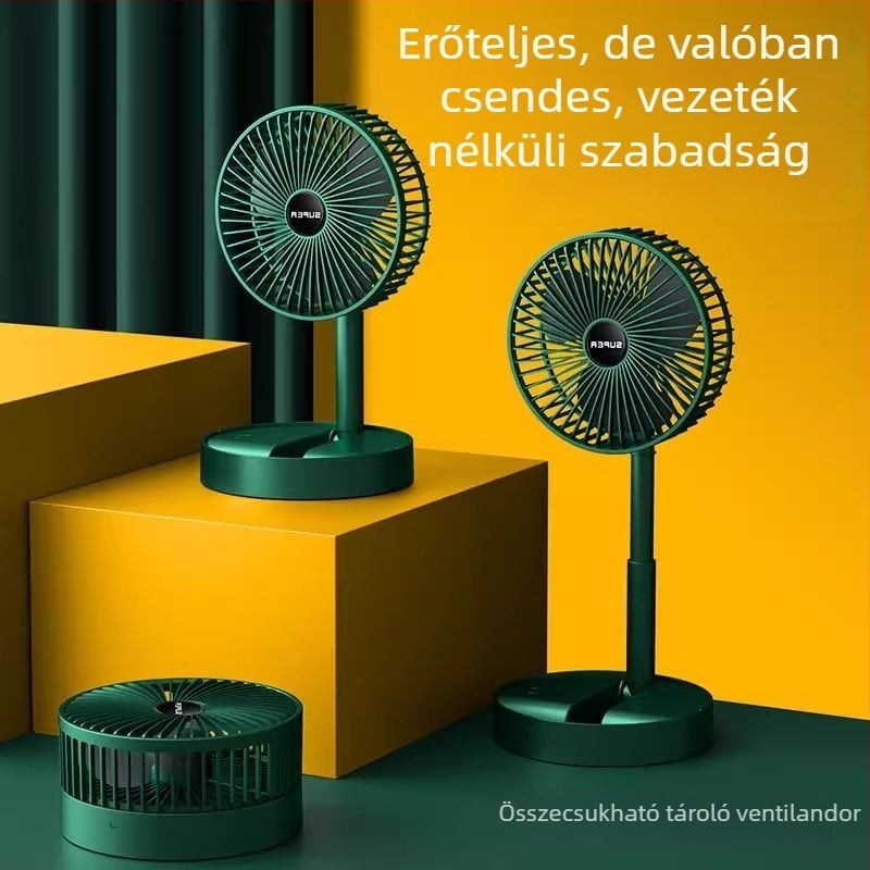 USB tölthető összecsukható mini ventilátor, kinyitható teleszkópos fogantyúval, 3 pengével, brushless motor, beépített akkumulátor, 3 sebesség, csendes asztali/kézi ventilátor