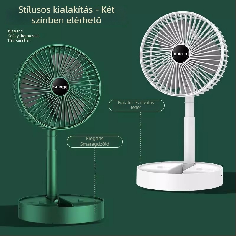 USB tölthető összecsukható mini ventilátor, kinyitható teleszkópos fogantyúval, 3 pengével, brushless motor, beépített akkumulátor, 3 sebesség, csendes asztali/kézi ventilátor