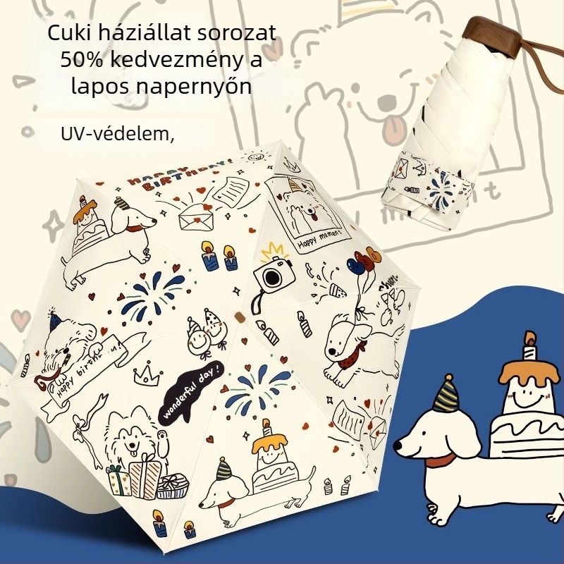 Macska és kutya motívumú napernyő, UPF50+ UV védelem, kettős használat napsütésre és esőre, zsebkompakt, 5 ágú összecsukható, poliészter 190T