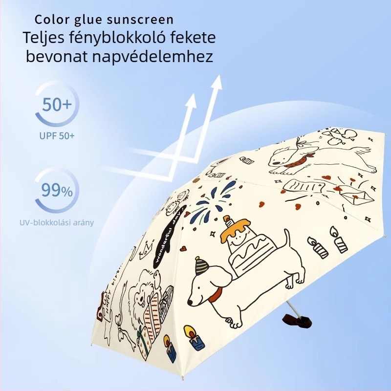 Macska és kutya motívumú napernyő, UPF50+ UV védelem, kettős használat napsütésre és esőre, zsebkompakt, 5 ágú összecsukható, poliészter 190T