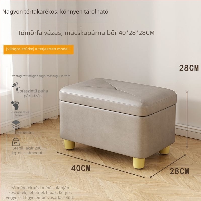 Cipő tároló ülőke, bőr felület, téglalap alakú, fibreboard konstrukció, teherbírás 150 kg, 12 L tárolókapacitás