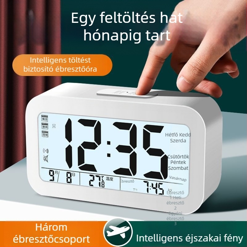 Diákoknak szánt ébresztőóra éjjeli fénnyel, minimalista modern dizájn, egylapos kijelző, elemmel működő, műanyag ház