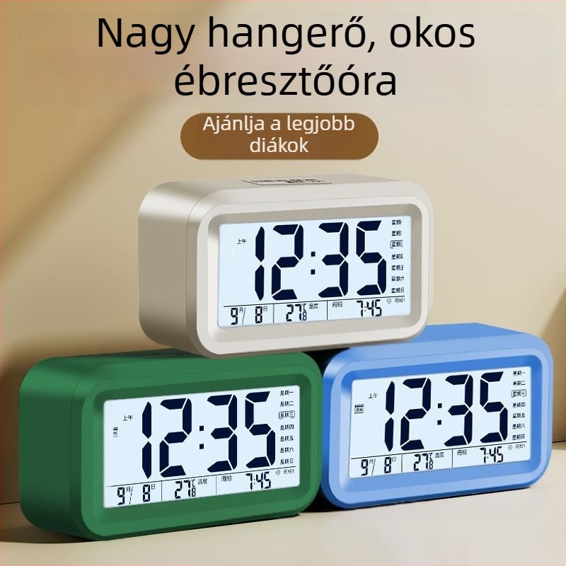 Diákoknak szánt ébresztőóra éjjeli fénnyel, minimalista modern dizájn, egylapos kijelző, elemmel működő, műanyag ház