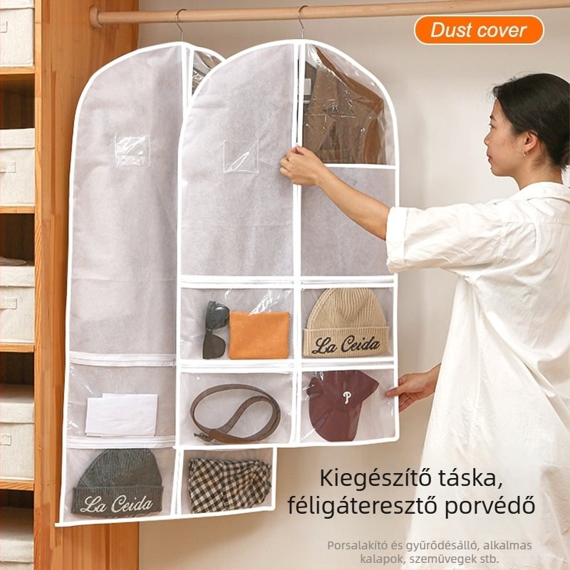 Nem szőtt anyagból készült ruhazsák, vízálló, akasztóval és átlátszó kivitelben a ruhák tárolására
